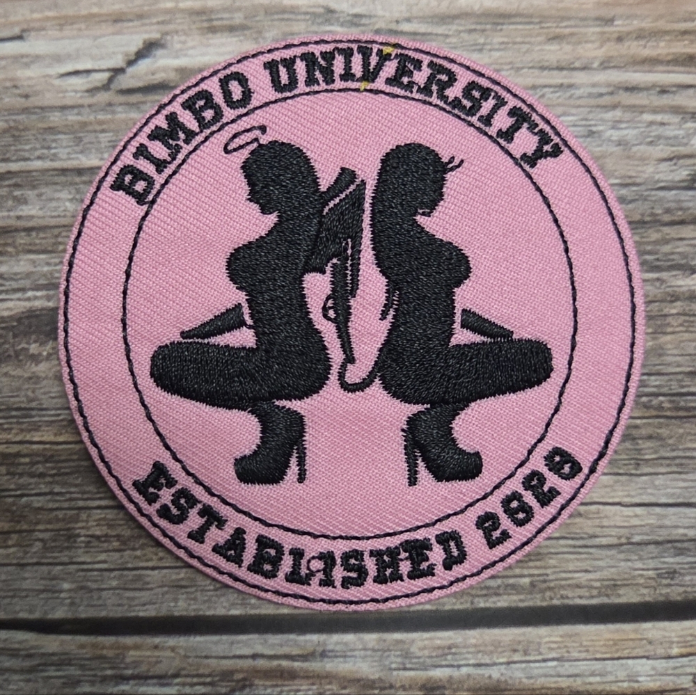 Bimbo University Devil Angel Dancer Pin Up Girls Stripper Pink Iron On Patch